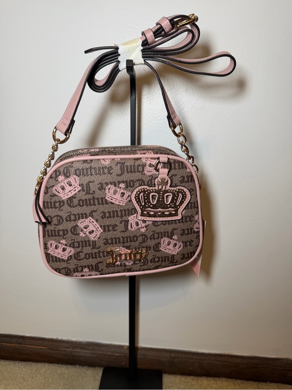 Juicy Couture Brown and Pink Crown Print Crossbody Bag